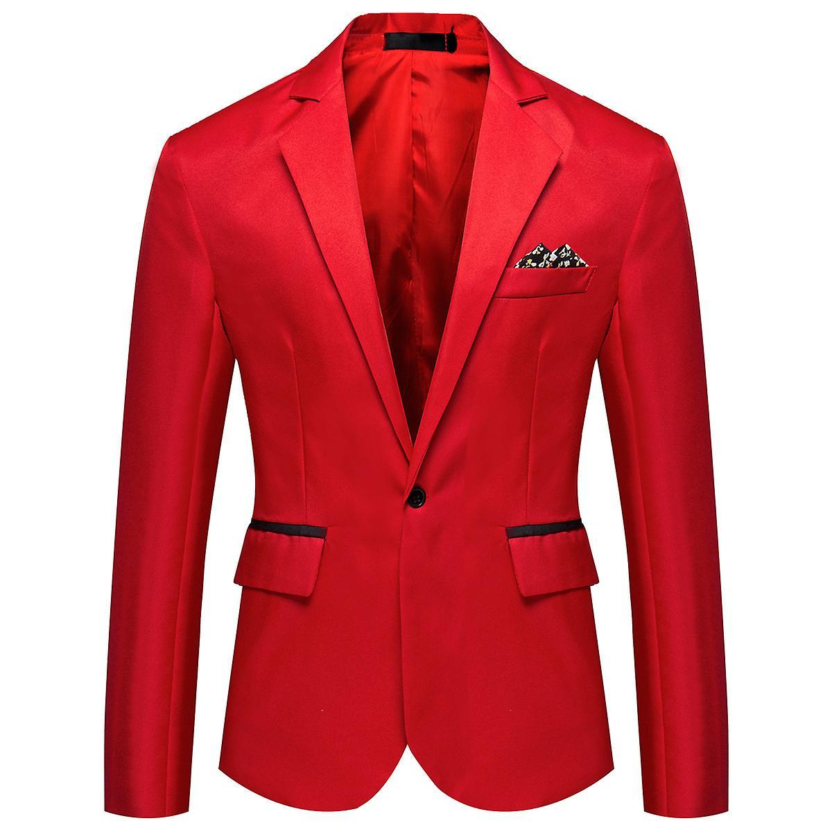 Yynuda Mens Business Slim One Button Lightweight Jacket Flap Pockets Notched Lapel Blazer Red M