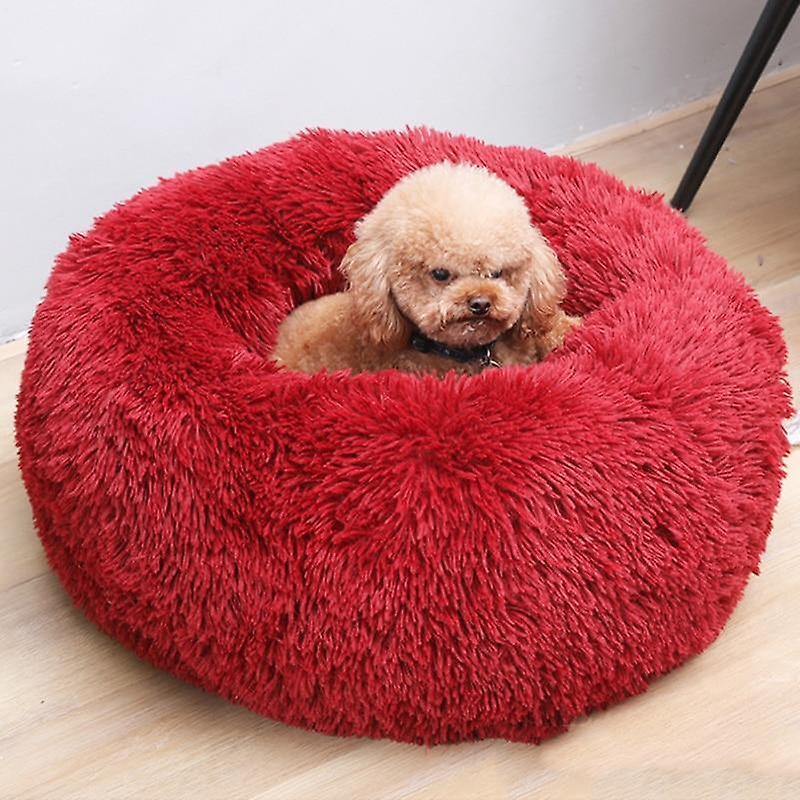 Slowmoose Soft Plush Dog Bed - Round Shape Sleeping Bag, Winter Warm Beds Red L Diameter 70cm