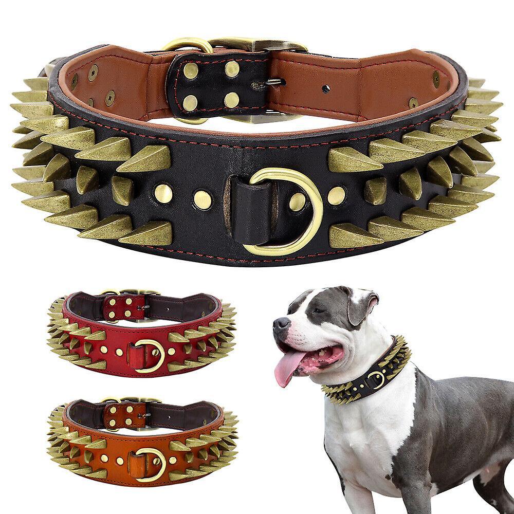 Didog 5.5cm Wide Leather Spiked Large Dog Collars Heavy Duty For Pitbull Boxer Black L:Neck 46-56cm