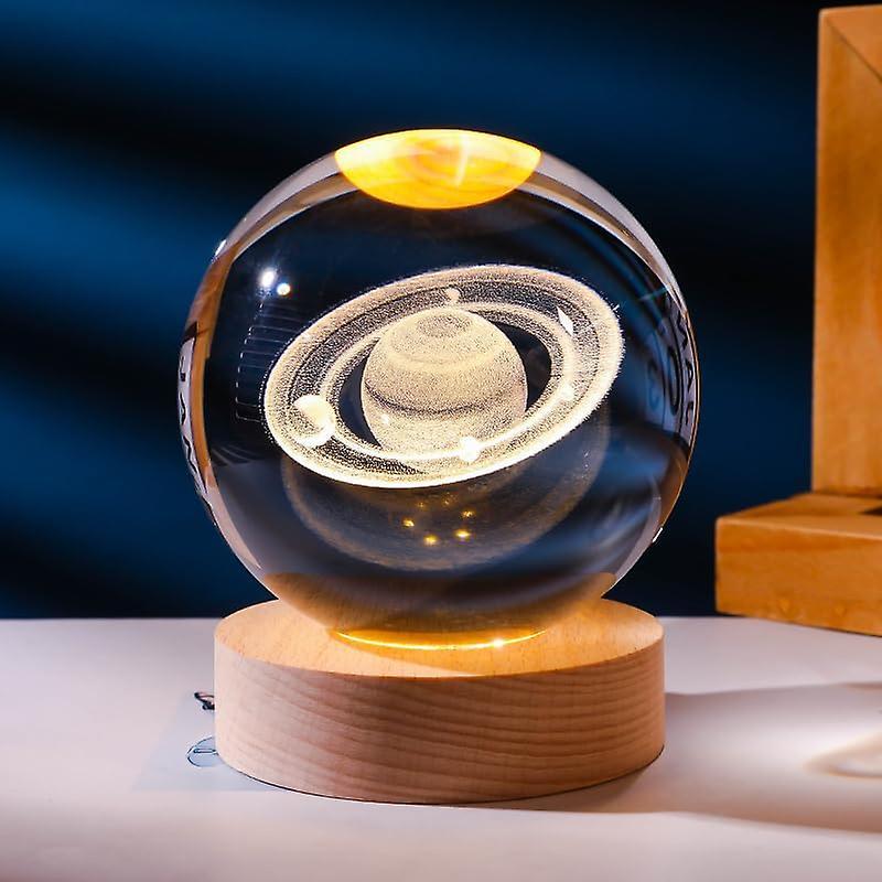 Lertenys 3d Saturn Planet Crystal Ball Night Light Lamp, Space Galaxy Crystal Ball With Wooden Base,system Crystal Ball With Led Light Base