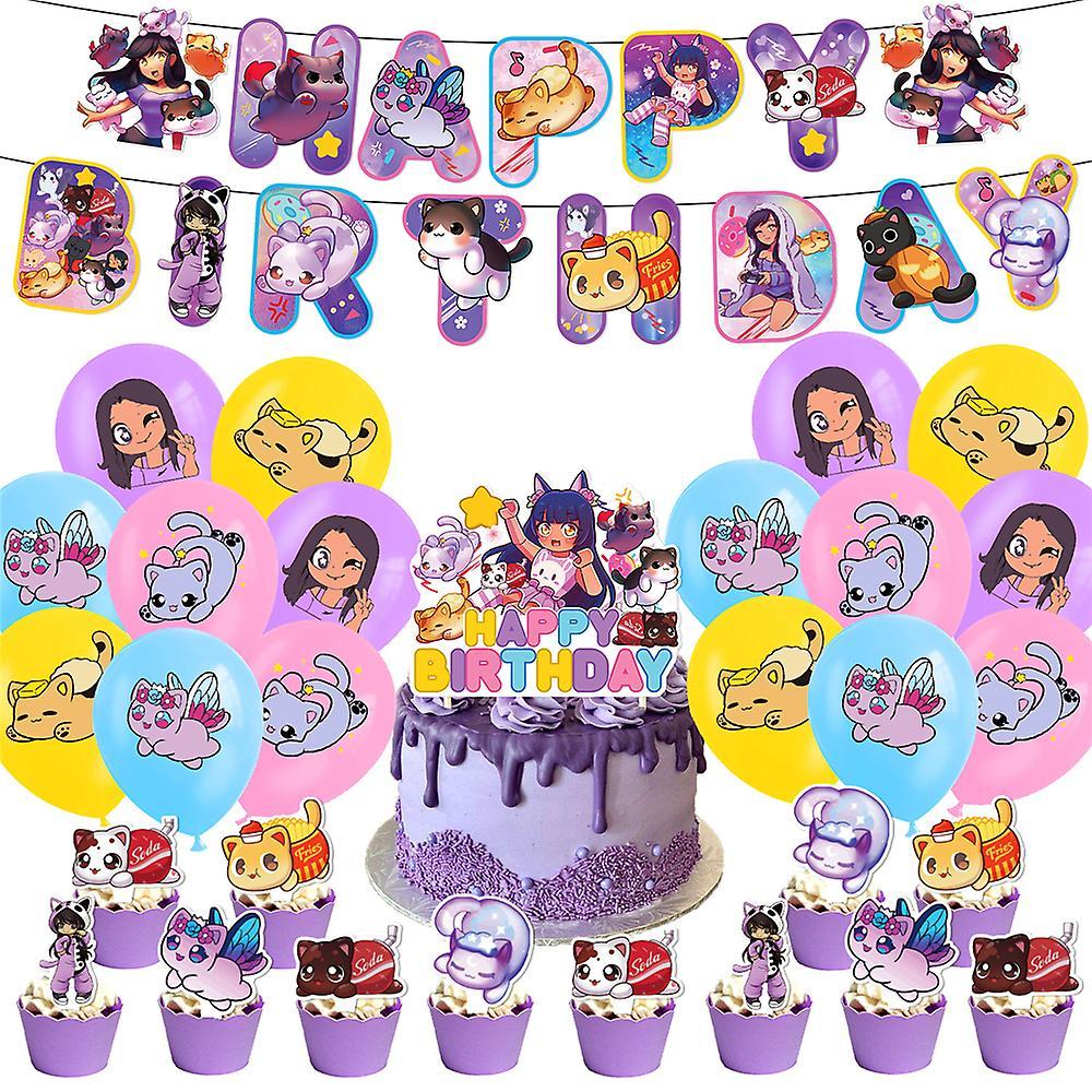 Waytogo Aphmau Plushies Birthday Decors Set Cartoon Cute Theme Birthday Decorations Balloons Cake Topper Banners