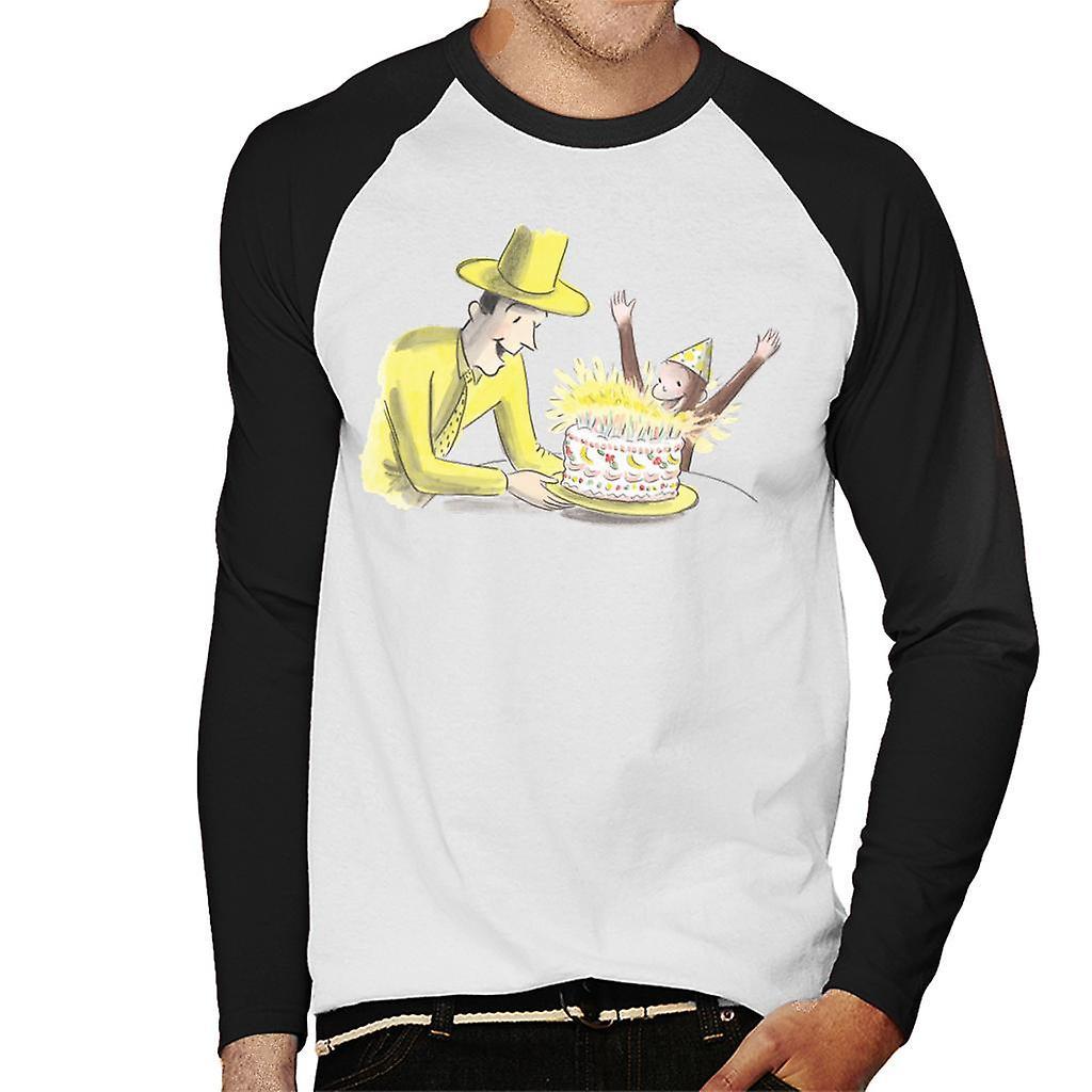 Curious George Birthday Cake Men's Baseball Long Sleeved T-Shirt White/Black X-Large