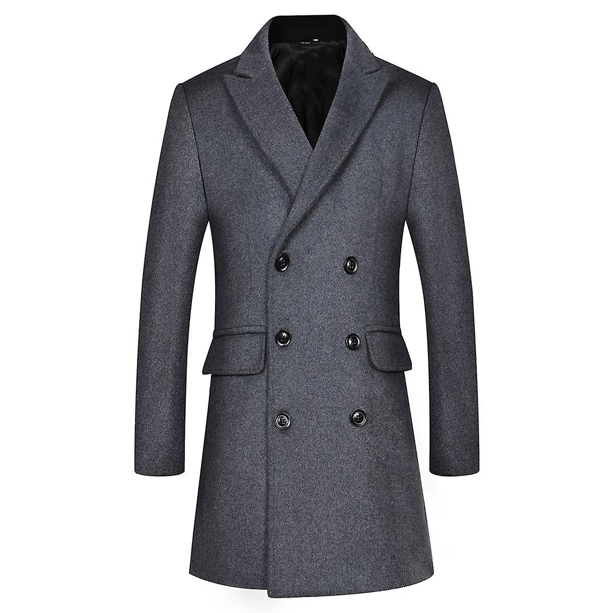 Sliktaa Mens Classic Trench Coat Double Breasted Wool Overcoat Gray L