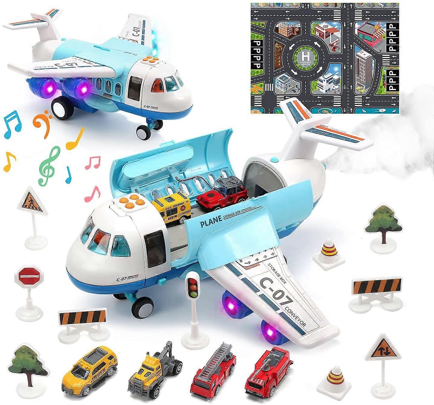 Liangnv Toy Airplane Plane Toy with Smoke, Sound and Light, Fricton Powered Airplane with Mini Cars, Birthday Gift for Boys and Girls