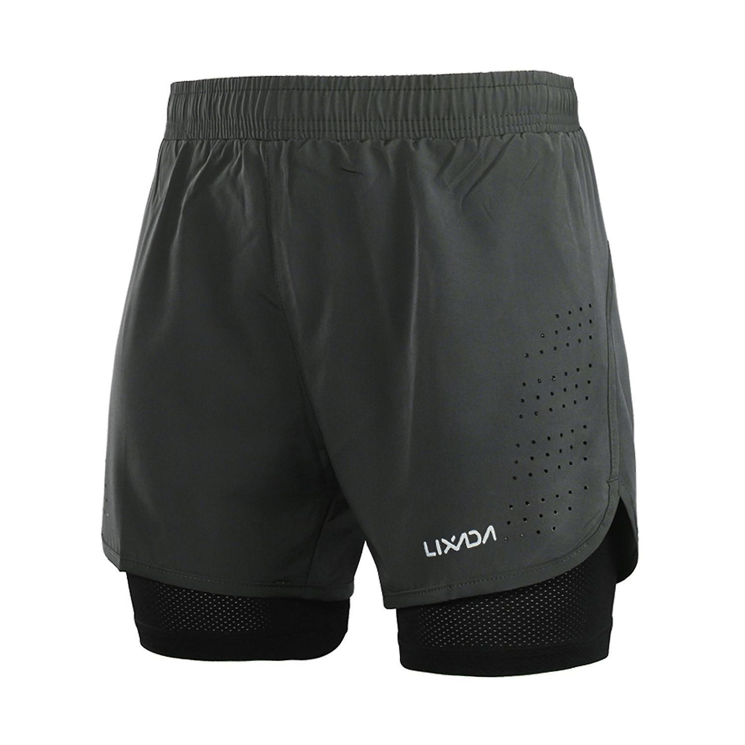 Lixada Men's 2-in-1 Running Shorts Quick Drying Breathable Active Training Exercise Jogging Cycling Shorts Dark grey XL