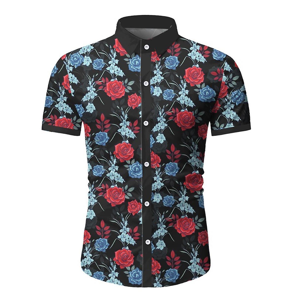 Allthemen Mens Summer Lapel Casual Floral Short-Sleeved Shirt Black M