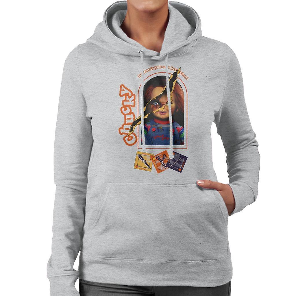 Chucky He Wants You As A Best Friend Women's Hooded Sweatshirt Heather Grey Small