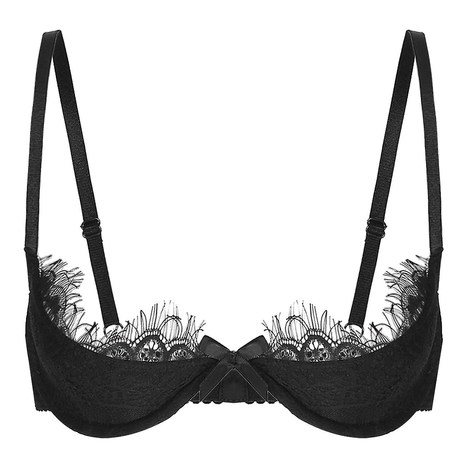 Womens Lingerie Open Chest Bras 1/2 Cup Push Up Underwire Lace Bra Adjustable Strap Sponge Padded Brassiere Underwear Banmo Black C