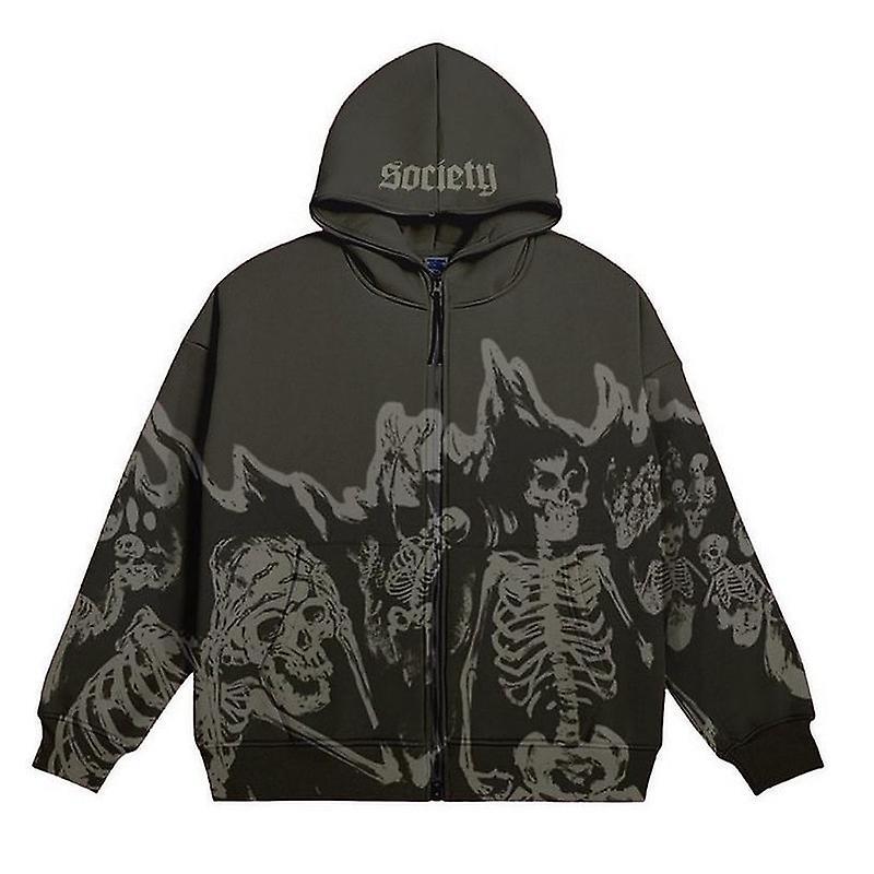 Szltcv Men Skull Print Hoodies Vintage Hooded Zip Up Sweatshirt Gothic Top High Street Harajuku Streetwear Oversized Jacket Coat Hoodie Grey S