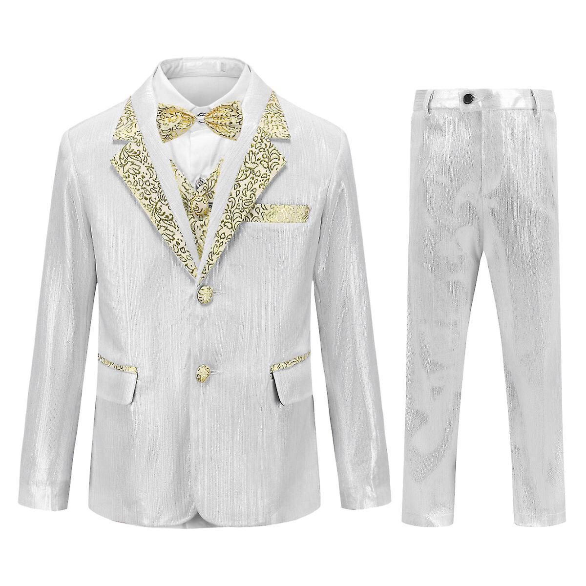 Sliktaa Boys 4Pce Tuxedo Suit Metallic Brushed Blazer and Paisley Vest and Pants White 110CM