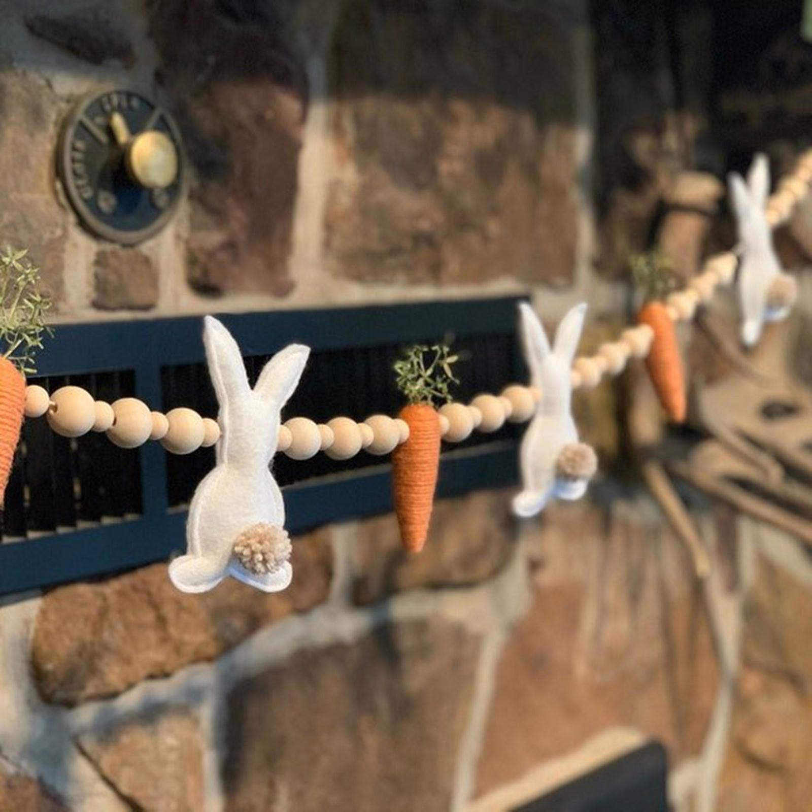 Fongwan Easter Rabbit Carrot Eggs Garlands, Artificial Leaf Rabbit Carrot Front Door Wreath Wooden Beads Rabbit Hanging Banners Spring Ornaments 1P...