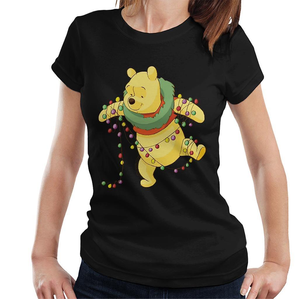 Disney Christmas Winnie The Pooh Tangled In Festive Lights Women's T-Shirt Black X-Large