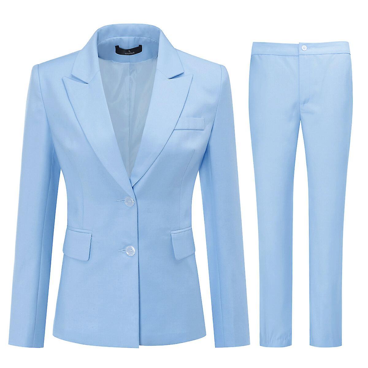 Allthemen Womens 2-Piece Professional Business Office Peaked Lapel Solid Color Slim Fit Suit (Blazer + Pants) Light Blue XS