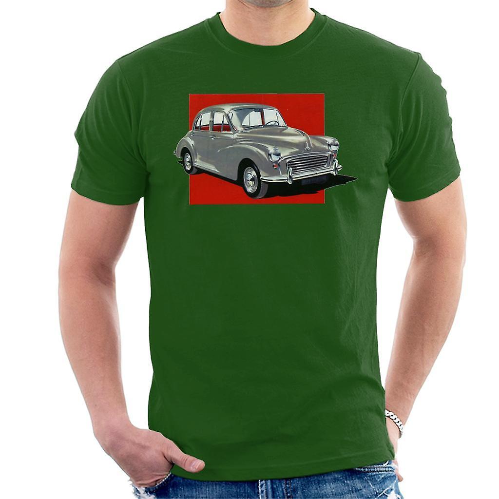 Morris Minor Red Background British Motor Heritage Men's T-Shirt Bottle Green Medium