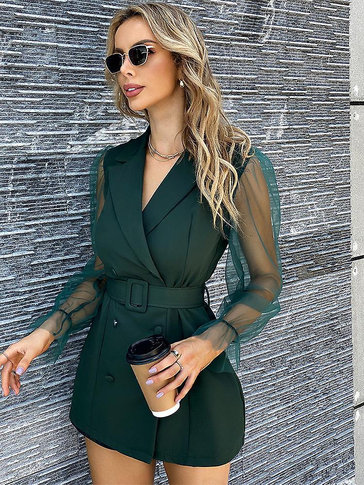 Yosicl Spring Casual Long Sleeve Elegant Blazer Dress Summer Women Sexy See Through Top Double-breasted Sweat Mesh Blazer Coat Dark Green  LYQ81 S