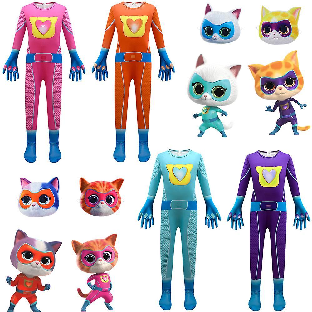 Eocici 3-9 Years Kids Super Kitties Cosplay Costume Cat Jumpsuit Mask Outfits Halloween Party Fancy Dress Gifts Blue 5-6Years