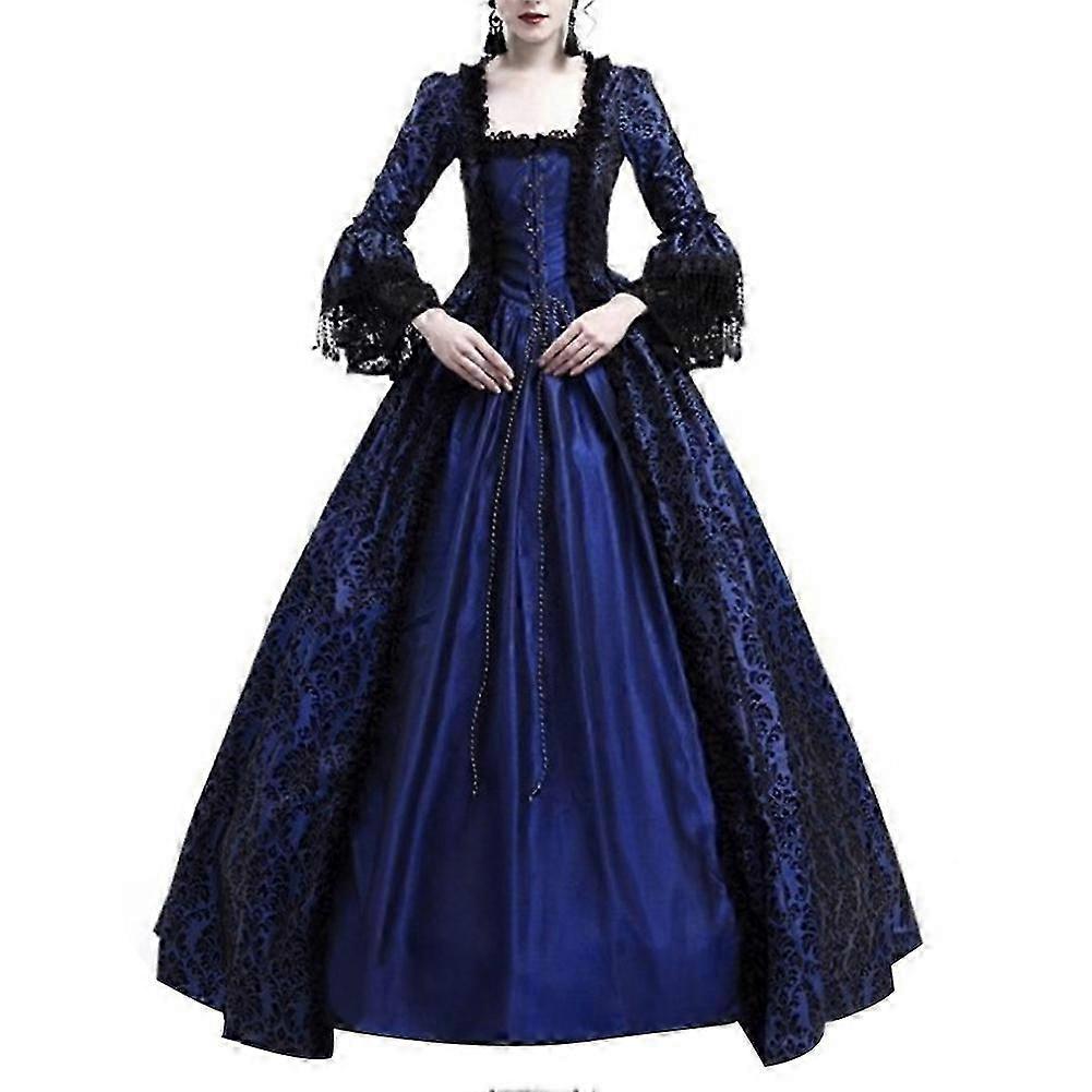 Hislaves Medieval Renaissance Queen Ball Gown Bell Sleeve Maxi Dress Halloween Costume Navy Blue L