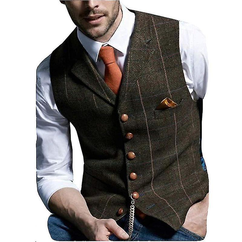 Jielin Men's Plaid Groom Vests Tweed Business Suit Wedding Tuxedo Waistcoat COFFEE L