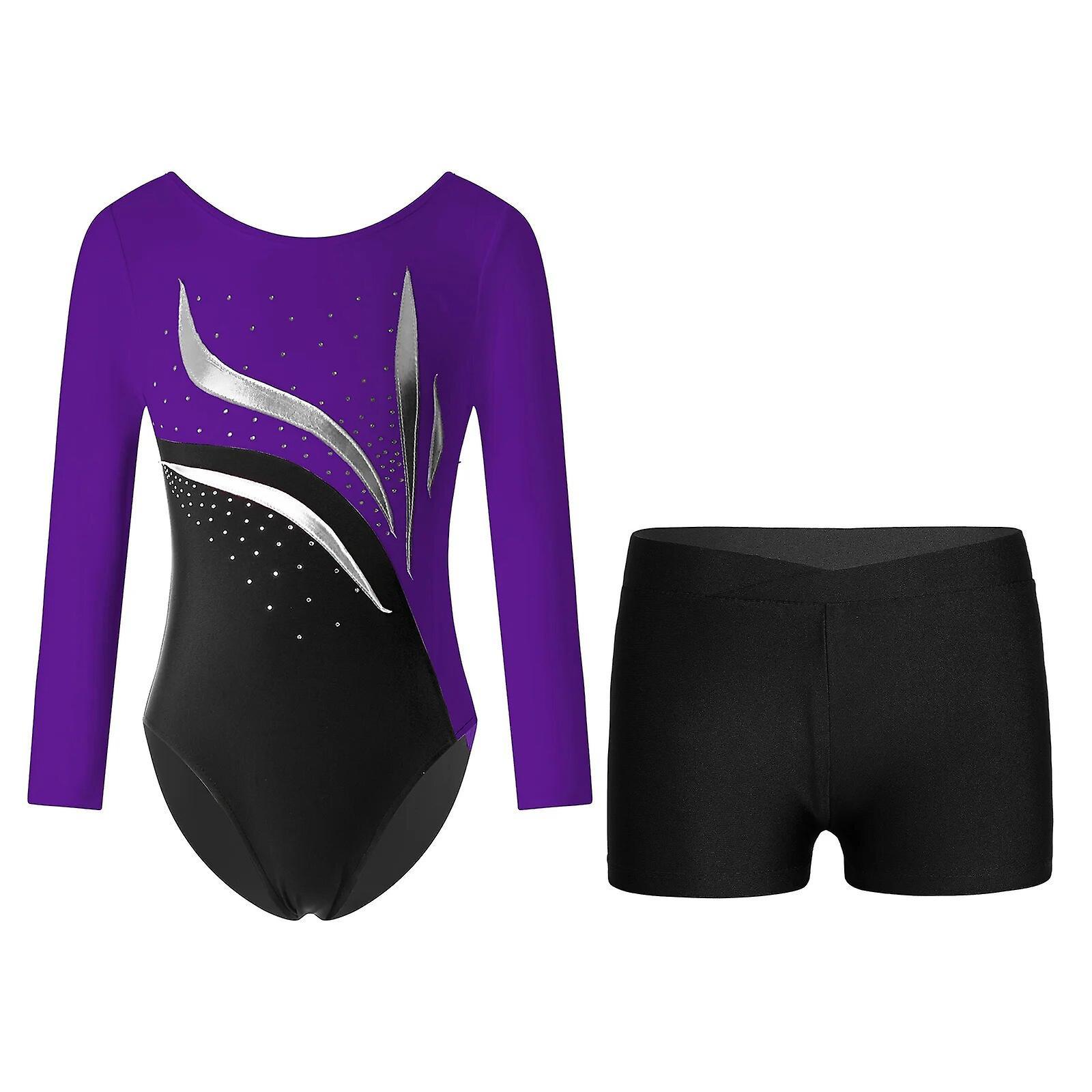 Aionyaaa Kids Girls Long Sleeve Ballet Gymnastics Leotard With Shorts Childrens Dancewear Set For Dancing Competition Skating Jumpsuit 10 Purple Black