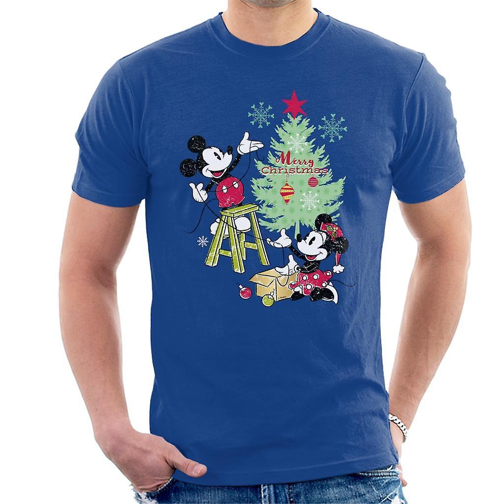 Disney Christmas Mickey And Minnie Mouse Decorating Men's T-Shirt Royal Blue Large