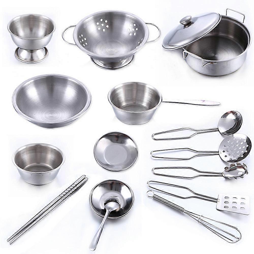 Taishh 16 Pcs Set Kids Play House Kitchen Toys Cookware Cooking Utensils Pots Pans Gift Silver