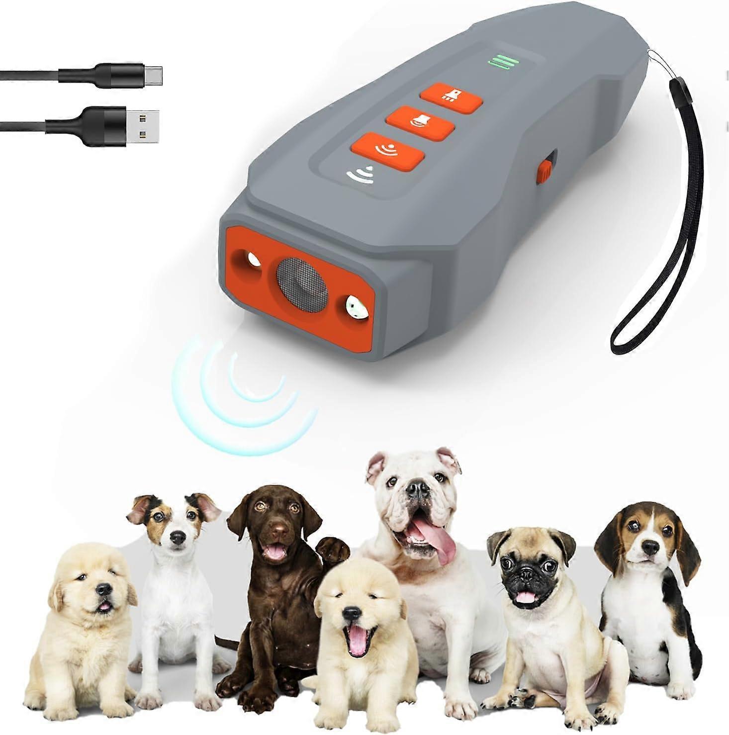 Frusde Dog Bark Deterrent Device, 3-in-1 Rechargable Ultrasonic Anti Barking Device, Ultrasonic Training Tool For Unwanted Dog Behavior Gray Orange