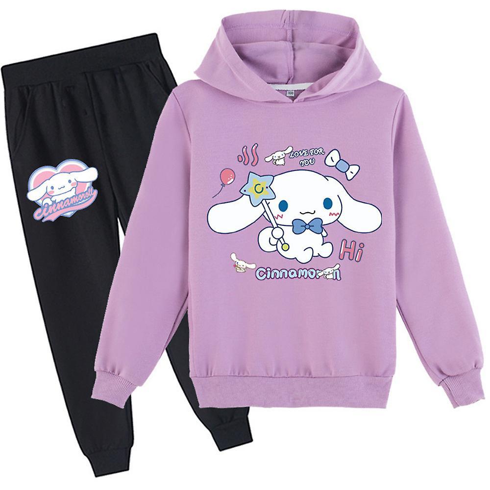 Bestdaily Kids Girls Cinnamoroll Kawaii Cartoon Print Casual Hoodie Tracksuit Outfits Sweatshirt Pants Set Clothes Gifts Purple 8-9 Years