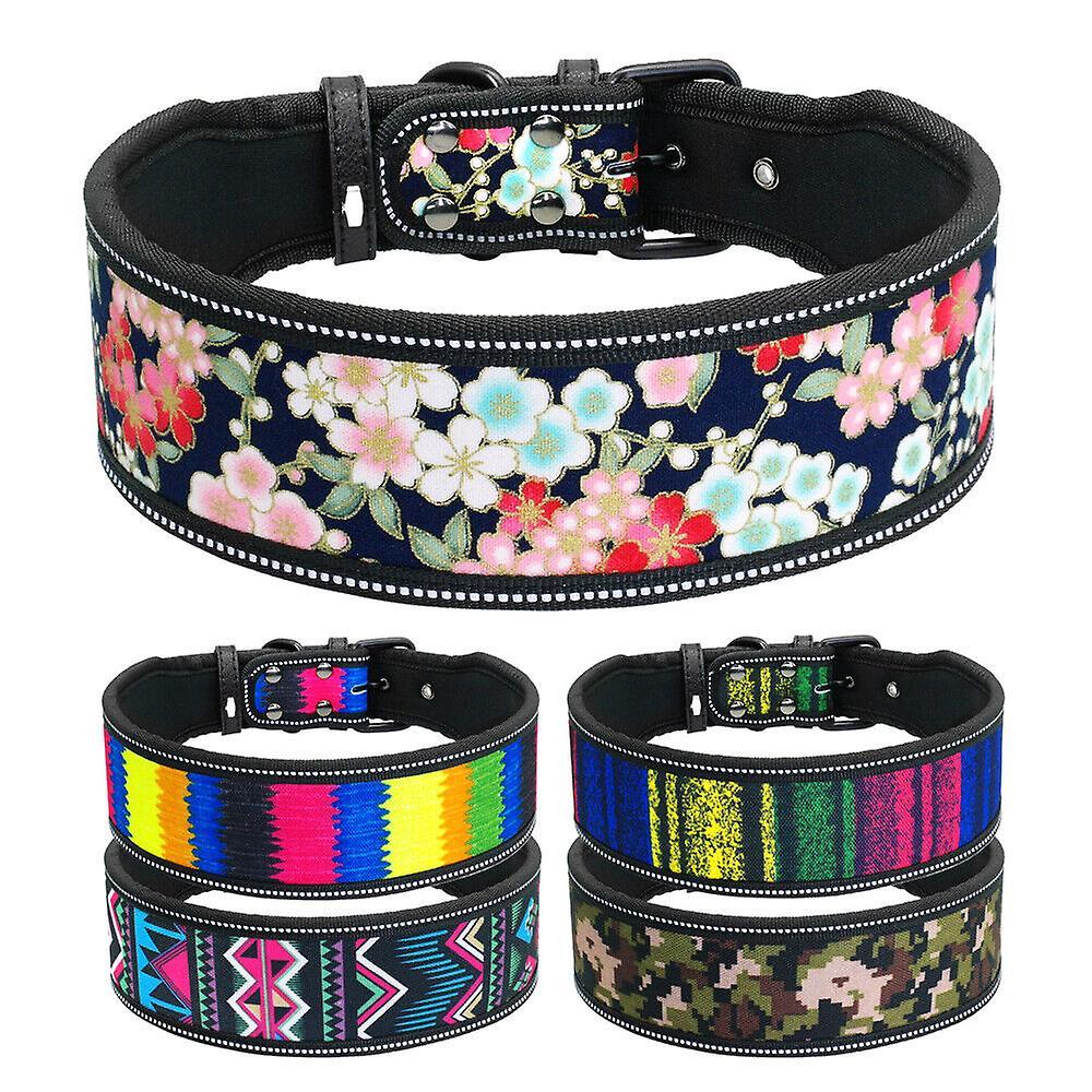 Didog Wide Nylon Pet Dog Collars for Medium Large Dogs Reflective Soft Padded Adjustable Floral M:Neck 40-50cm