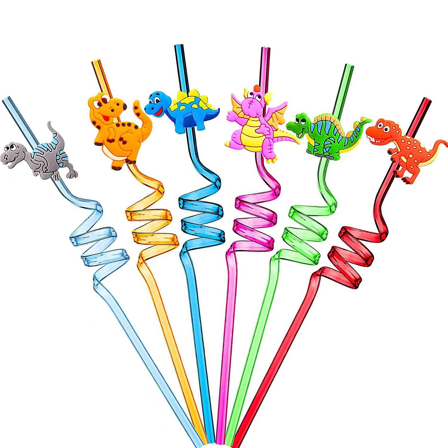 Xuchen 10PCS Reusable Drinking Straws Novelty Dinosaur Party Straws Curly Hard Plastic Straws Kids Birthday Party Decorations