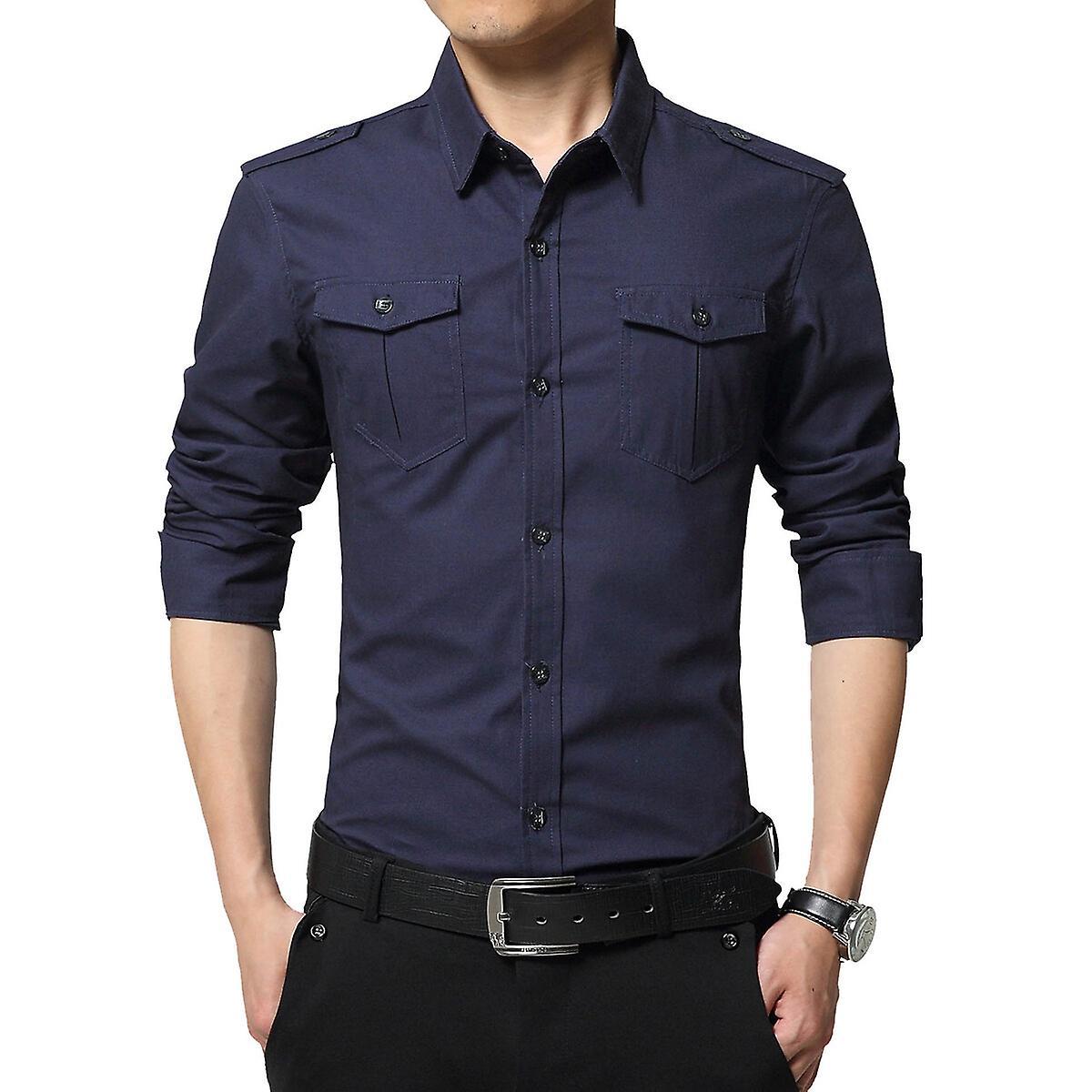 Allthemen Mens Casual Solid Cotton Slim Fit Shirt Blue XS