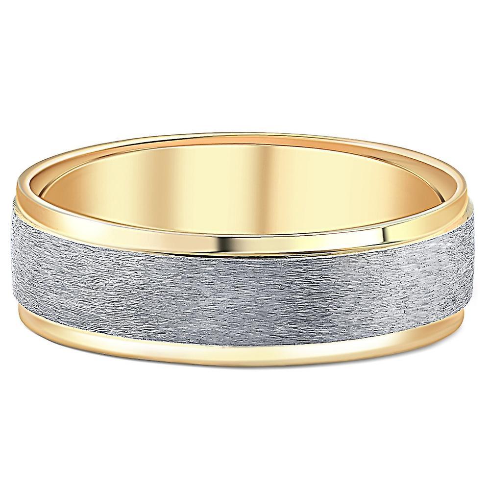 Pompeii3 7mm Mens 10k White and Yellow Gold Two Tone Brushed Flat Edge Wedding Band 12