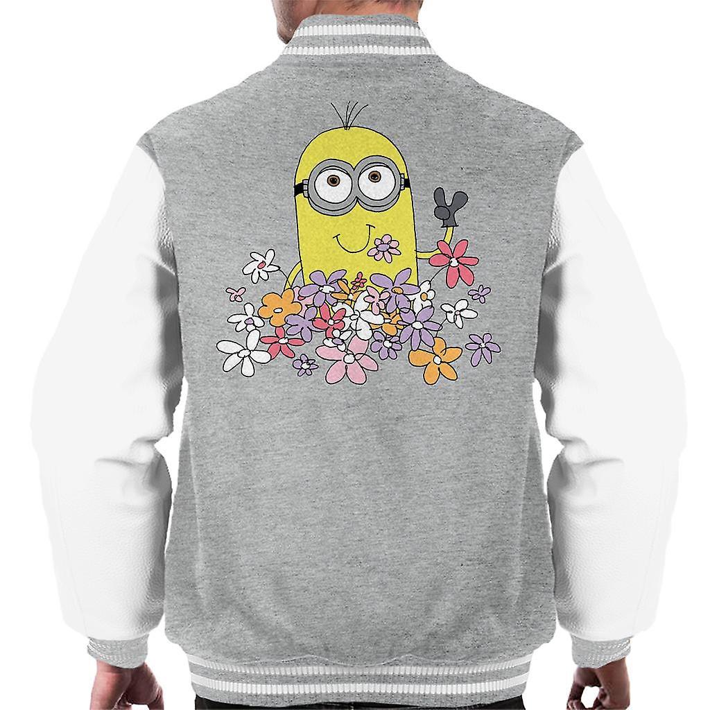 Despicable Me Minion Enjoying Flowers Men's Varsity Jacket Heather Grey/White Small