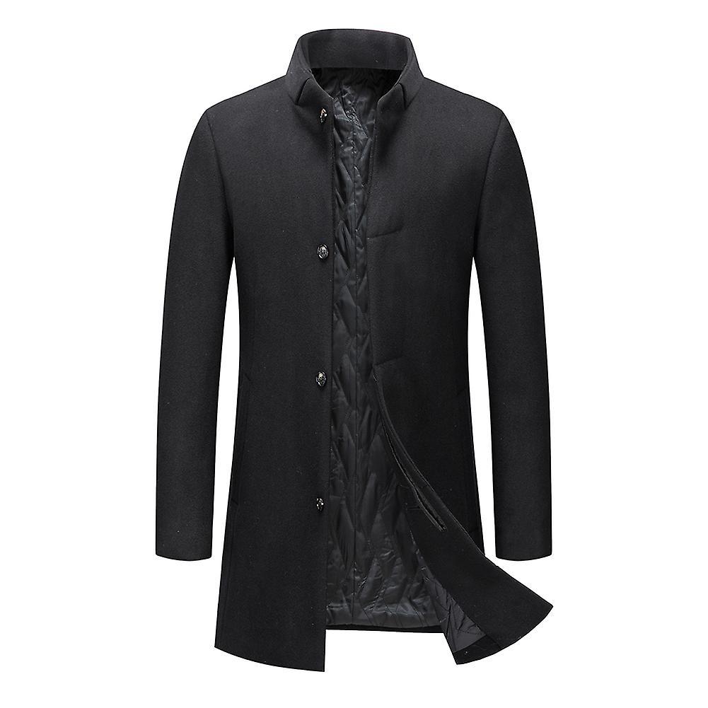 Allthemen Mens Thicken Stand Collar Button Down Slim Fit Woolen Coat Black L