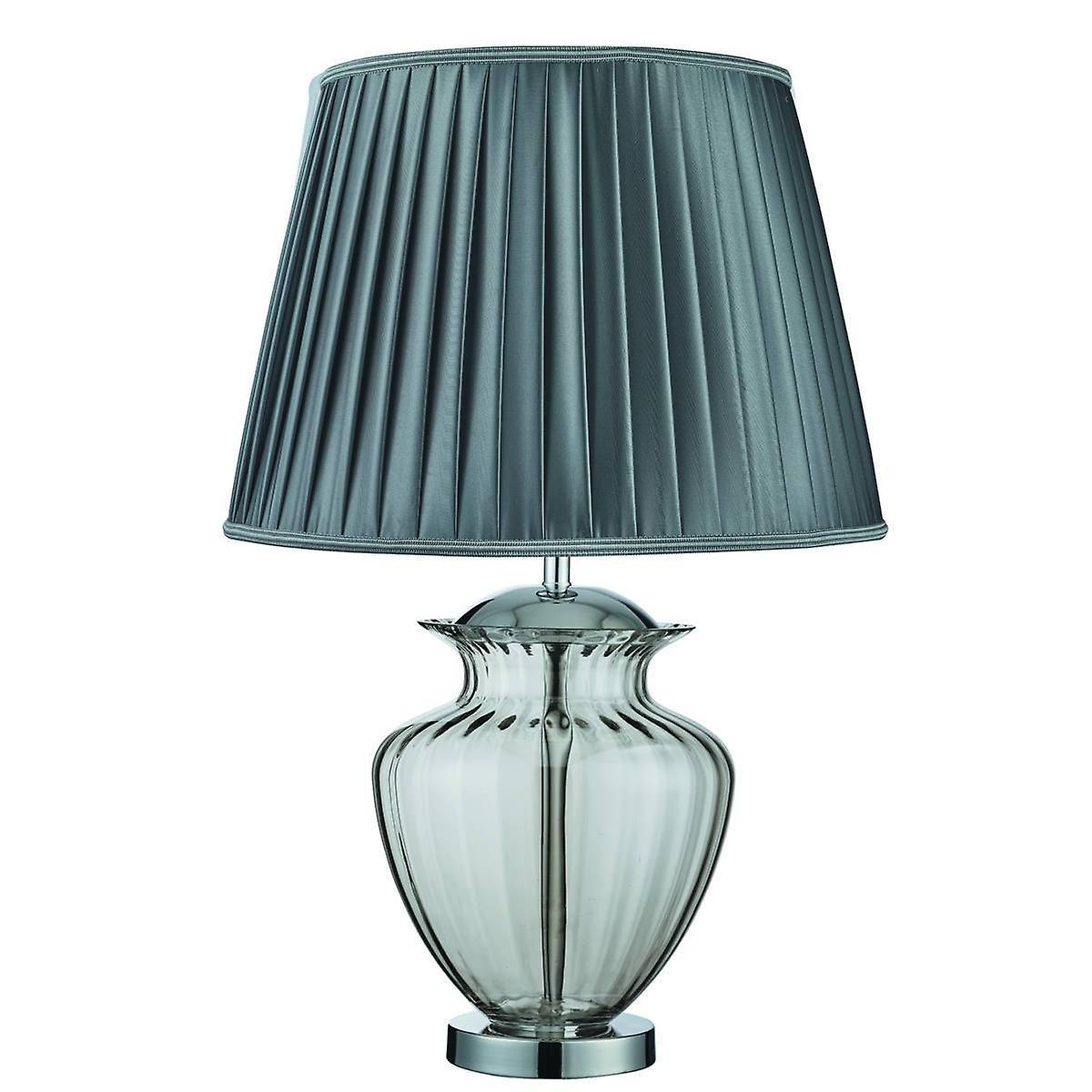 Searchlight Lighting Elina 1 Light Table Lamp Chrome, Smoked and Glass with Grey Pleated Shade, E27