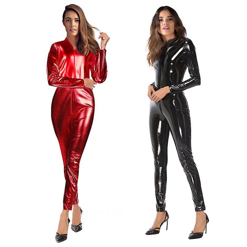 Ssyd Women Sexy Latex Catsuit Black Wetlook Full Bodysuit Pvc Jumpsuit Clubwear Faux Leather Costume _iu XL(165-175cm)