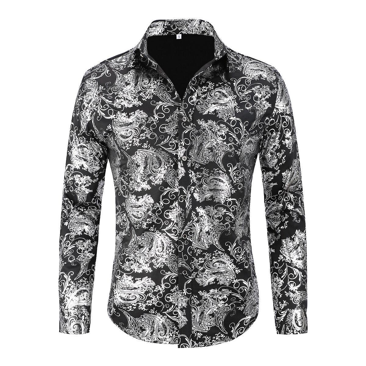 Allthemen Men's Paisley Shirt Slim Fit Wedding Party Printed Shirt Silver M