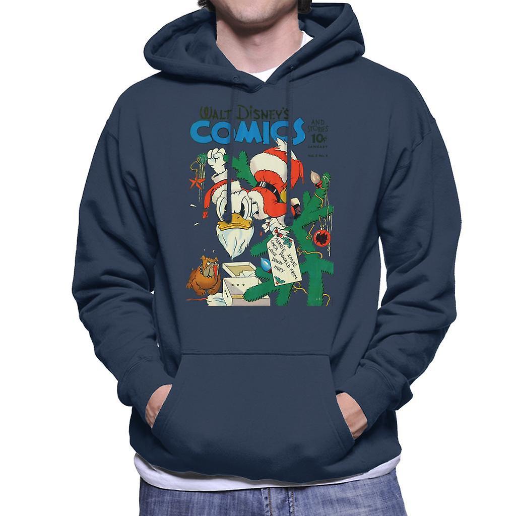 Disney Christmas Donald Duck As Santa Men's Hooded Sweatshirt Navy Blue Small