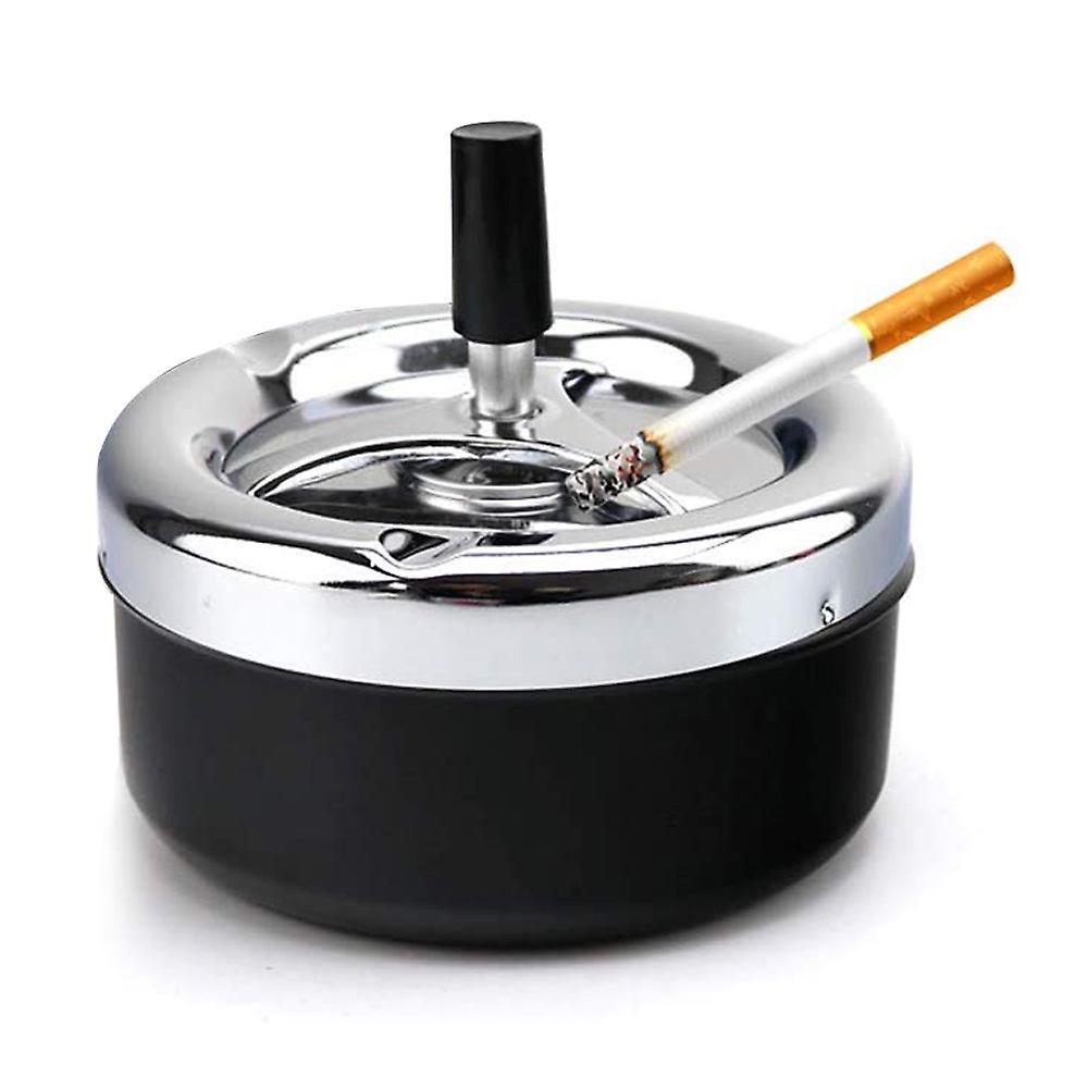 Heytea Automatic Cleaning Rotating Ashtray, Round Push Down Cigarette Ashtray With Spinning Tray, Large, Black