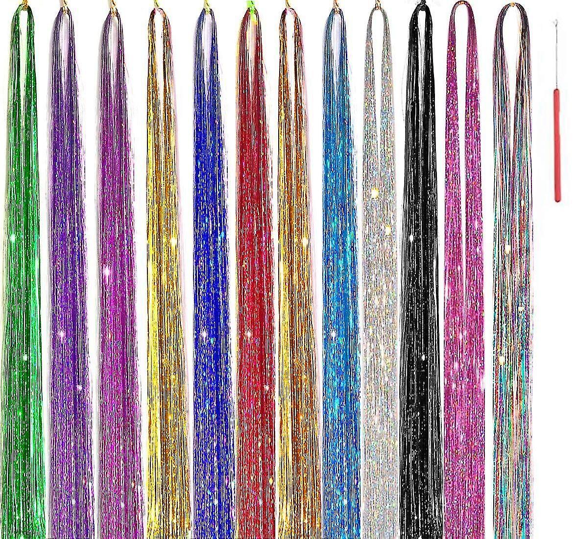 Hair Tinsel Kit, 12 Colors 48 Inch 2600 Strands Hair Tinsel Strands Kit , Heat Resistant & Hair Glitter Tinsel Hair Extensions - Jxlgv red/purple/g...