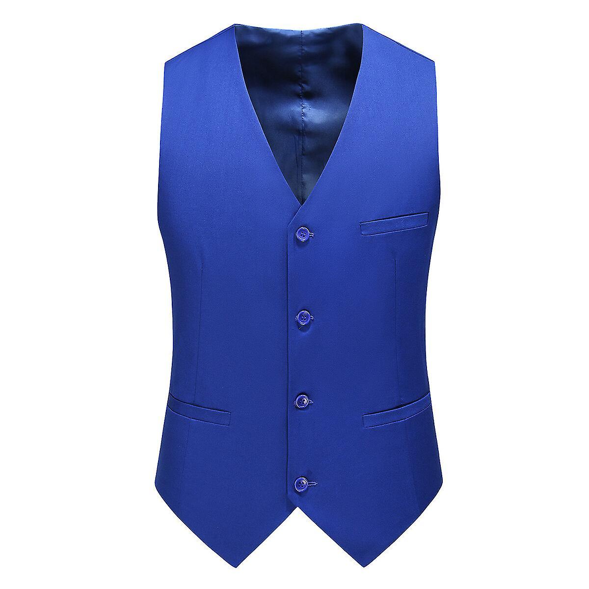 Allthemen Mens V-Neck Suit Vest Solid Color Wedding Business Vest Waistcoat Blue L