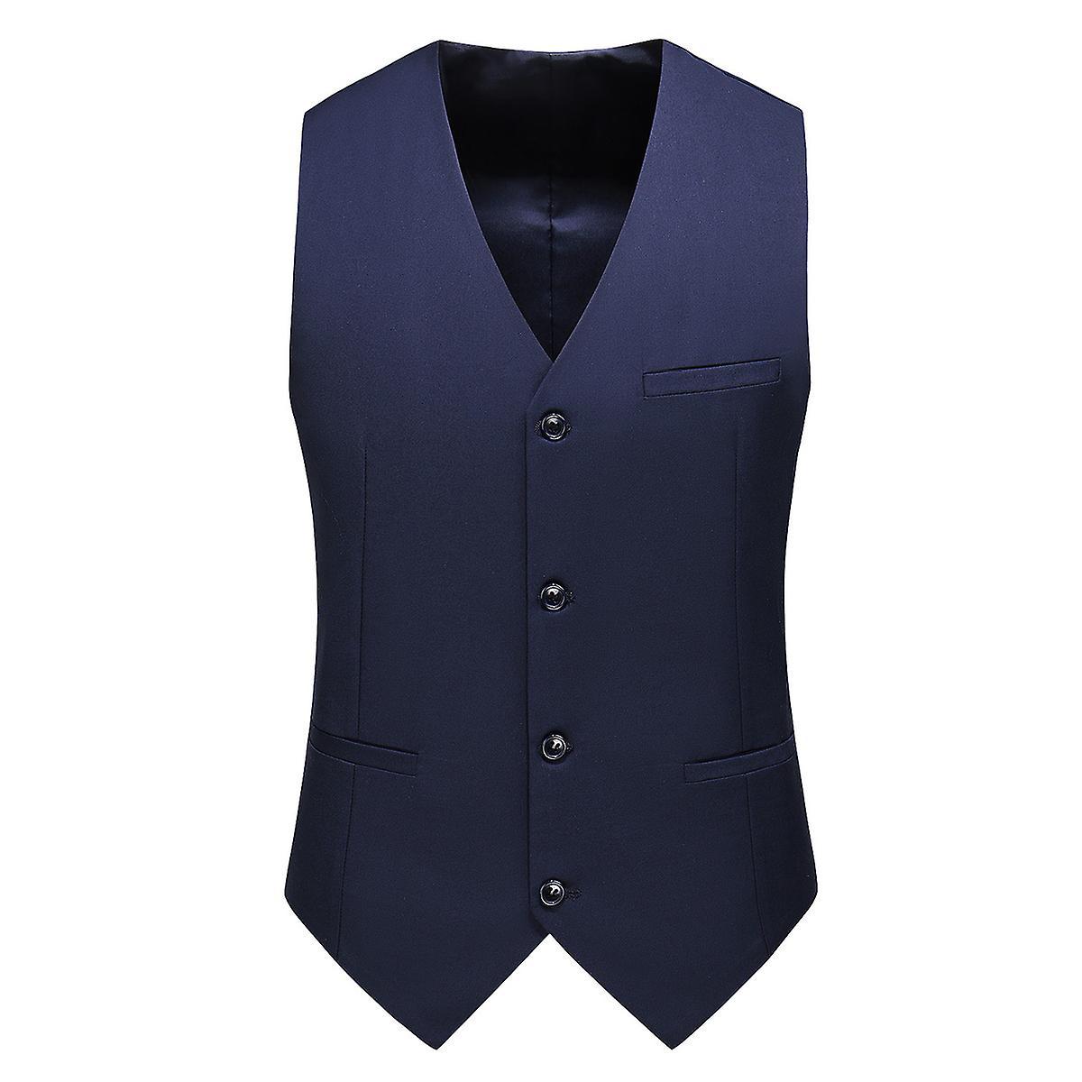 Allthemen Mens V-Neck Suit Vest Solid Color Wedding Business Vest Waistcoat Navy Blue L