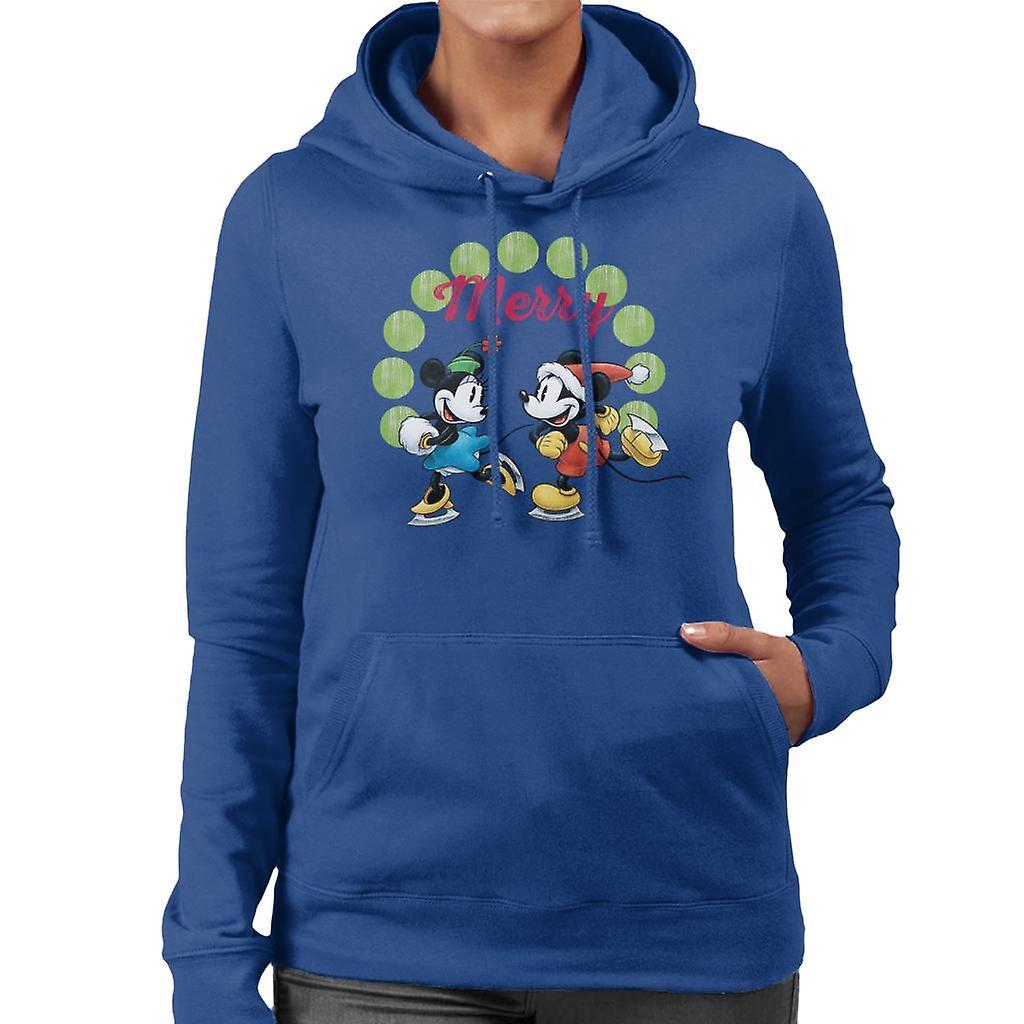 Disney Christmas Mickey And Minnie Mouse Ice Skating Women's Hooded Sweatshirt Royal Blue Medium