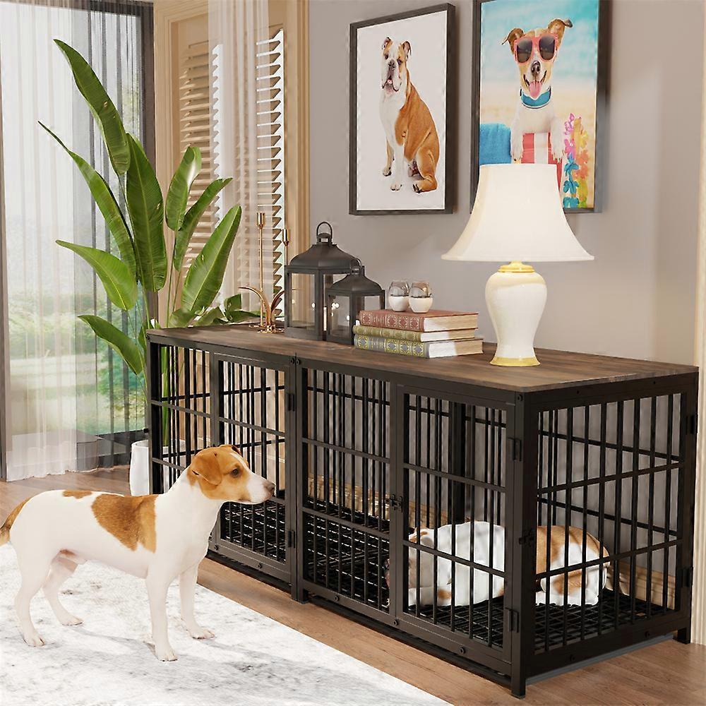 Unho XXL Large Wood Dog Crate End Table Elevated Pet Dog Cage Kennel Lattice Playpen Black M