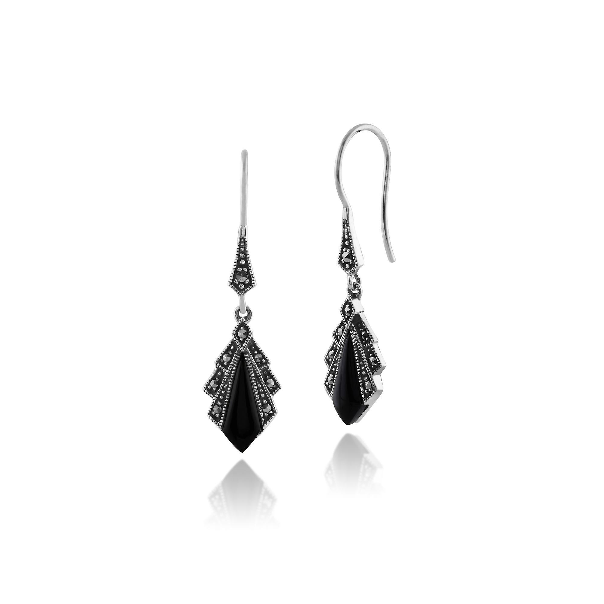 Gemondo Art Deco Style Diamond Black Onyx & Marcasite Drop Earrings In 925 Sterling Silver 214E823204925 One Size