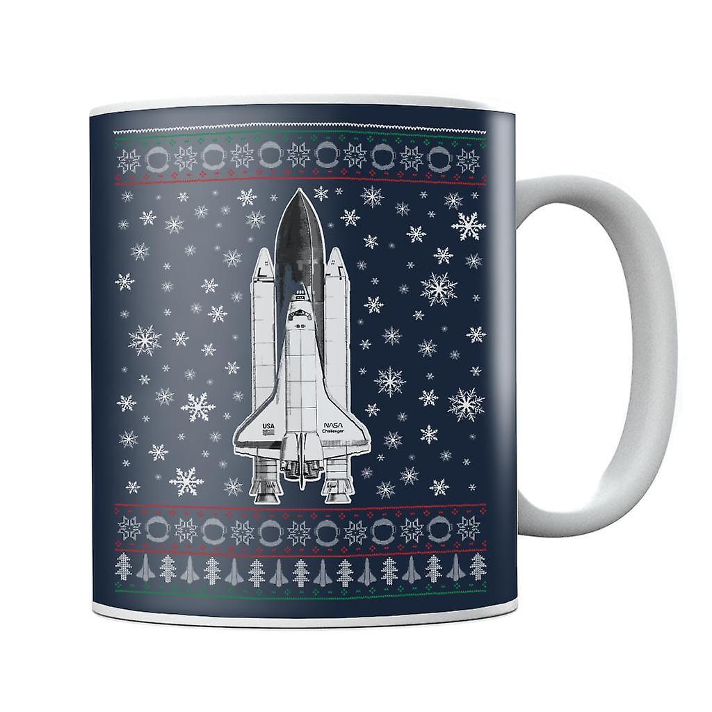 NASA Challenger Shuttle Christmas Knit Pattern Mug Navy Blue 10oz