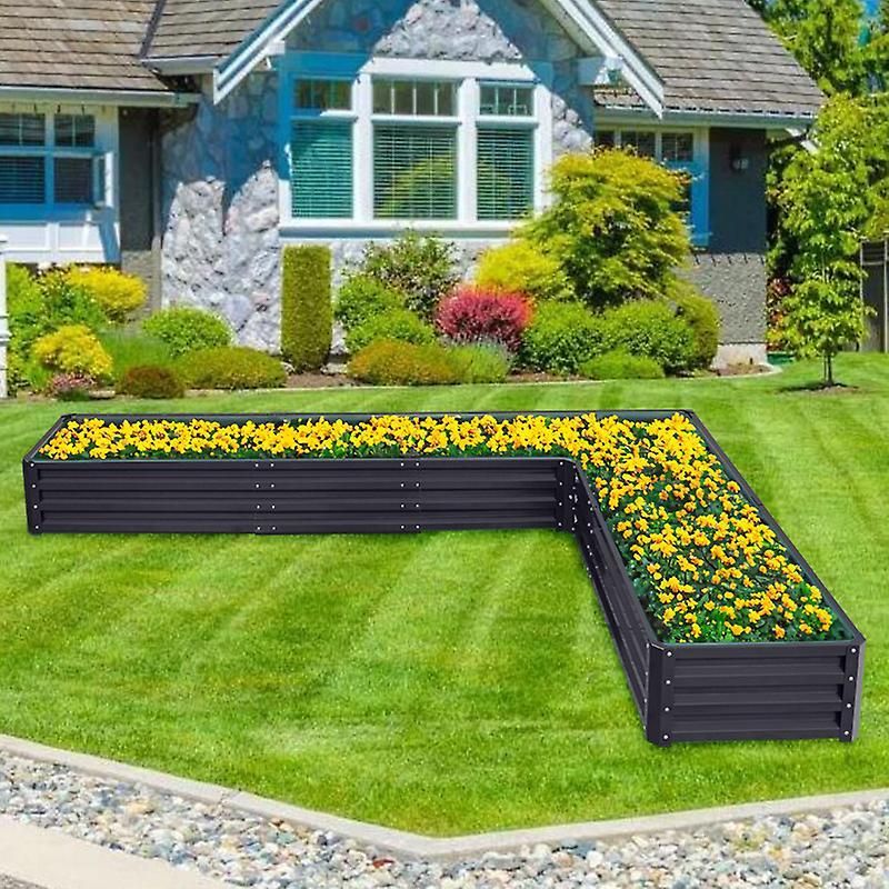 Living And Home L-Shaped Galvanized Steel Raised Garden Bed Charcoal Black