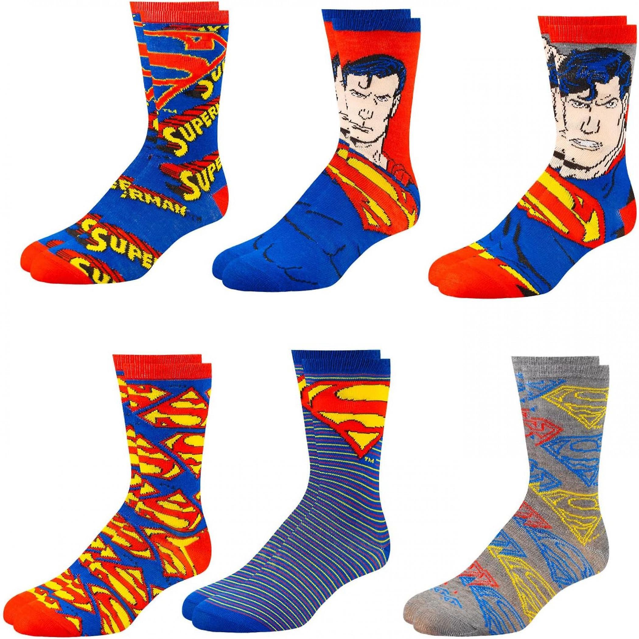 DC Comics Superman Assorted Designs Men's Crew Socks 6-Pack Multi-Color