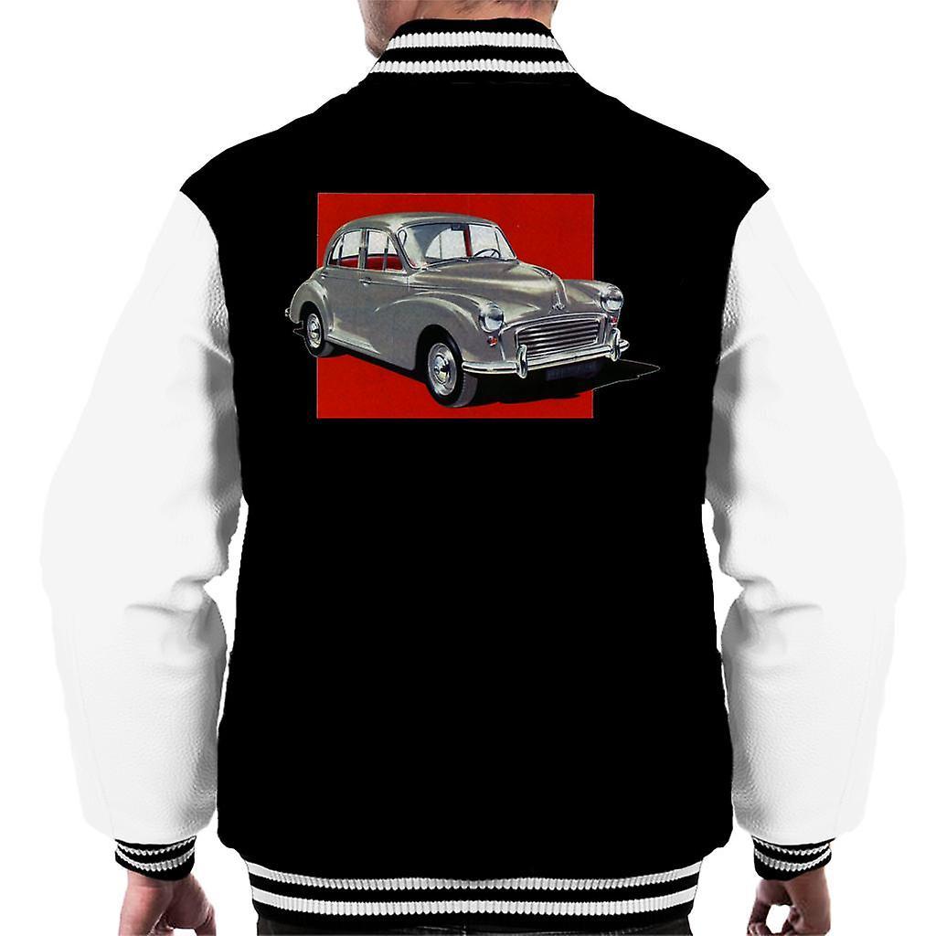 Morris Minor Red Background British Motor Heritage Men's Varsity Jacket Black/White Large