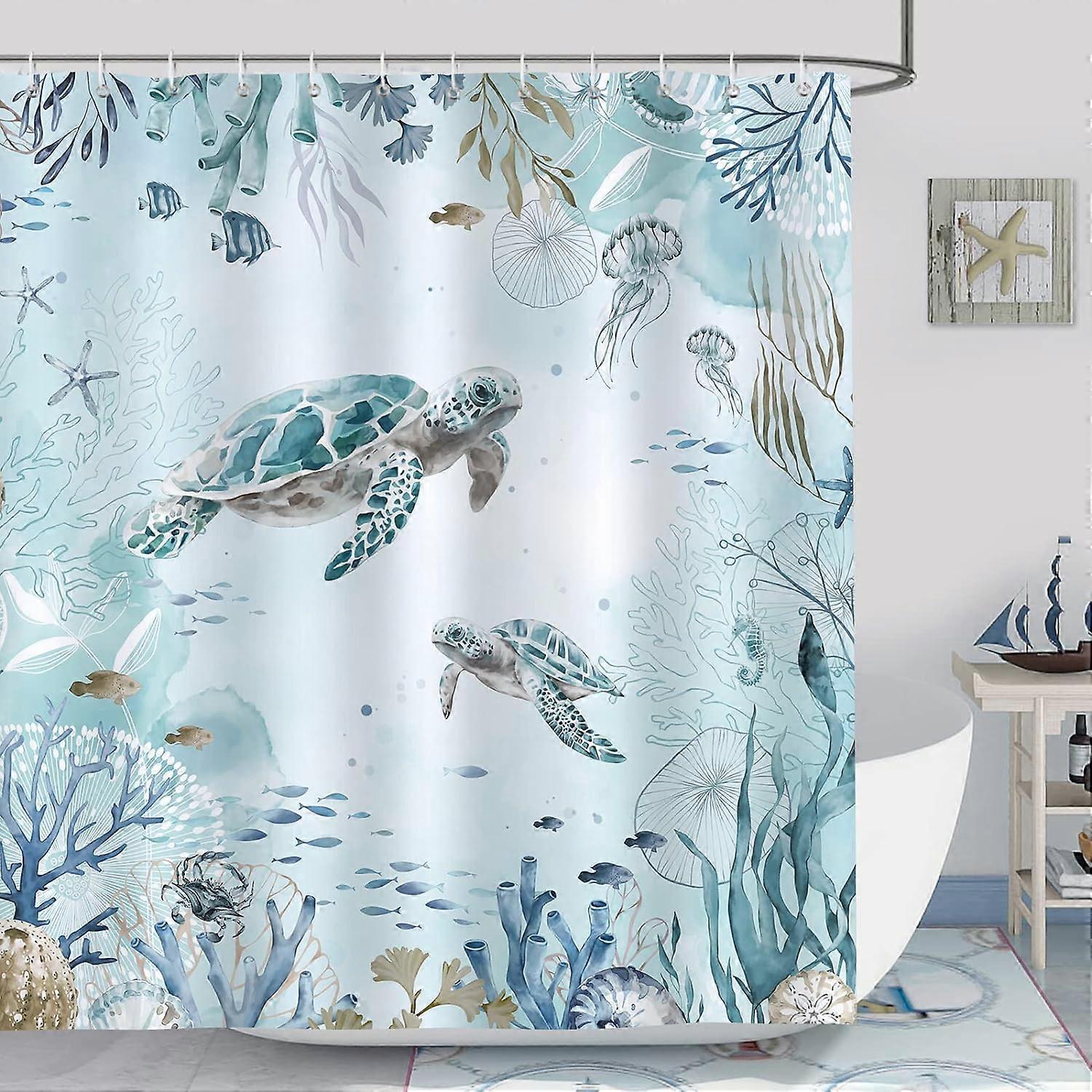 Sztxj Shower Curtain Sea Turtle Blue Ocean Algae Bath Curtain Polyester Fabric Anti-Mildew Waterproof Washable Bathroom Curtain 180 X 180 Cm With 1..