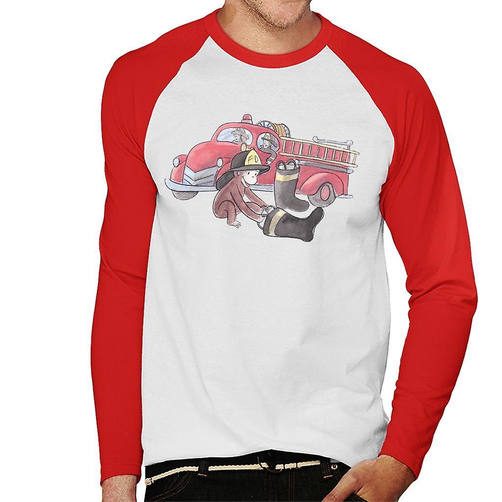 Curious George Balloon Fire Department Truck Men's Baseball Long Sleeved T-Shirt White/Red Medium